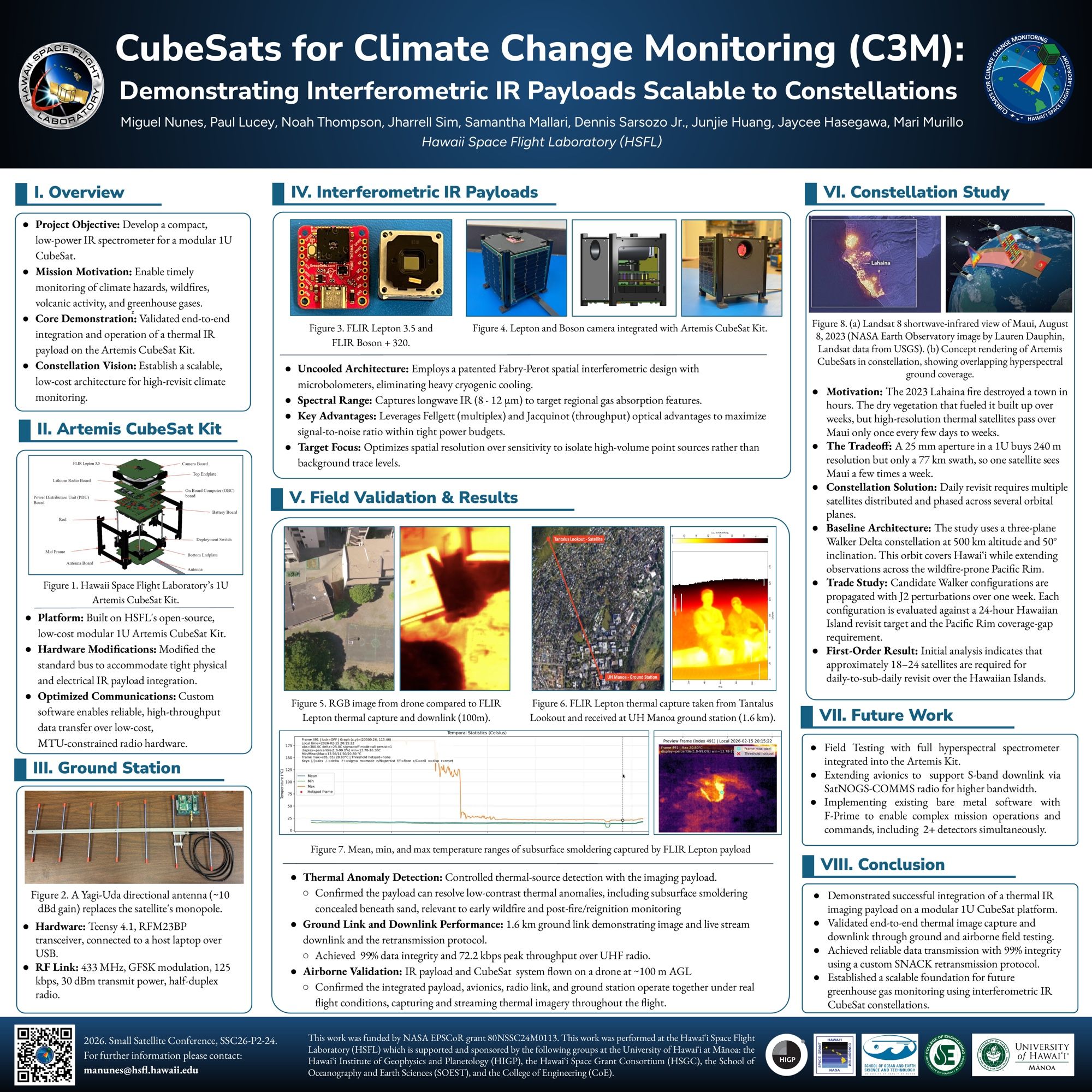 SmallSat 2026 poster for the C3M mission, covering the interferometric spectrometer optical design, Artemis CubeSat Kit integration, thermal imagery from field and drone tests, and the constellation revisit study