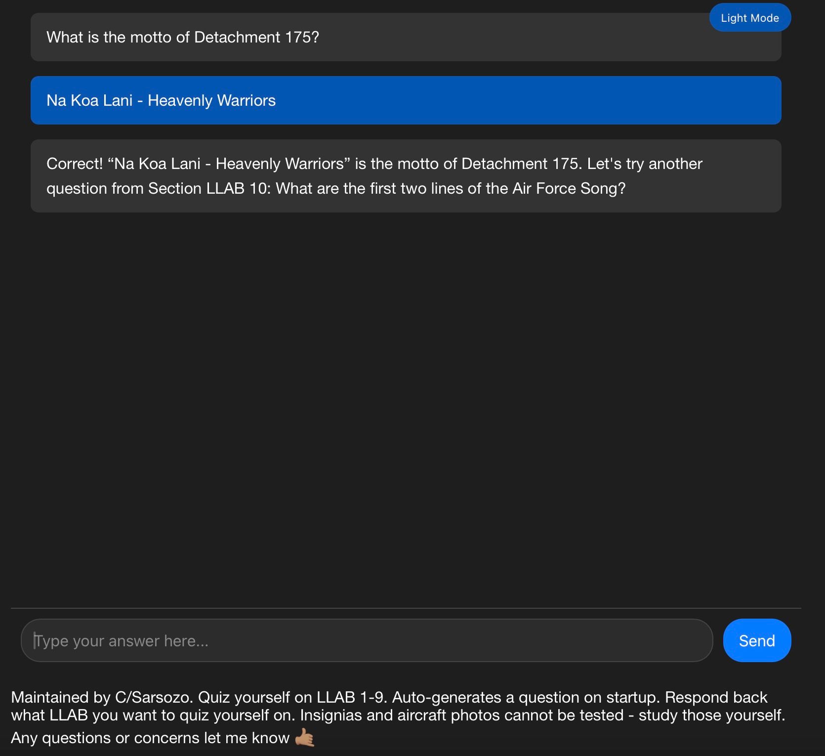 Warrior Knowledge Quiz Chatbot asking an AFROTC study question