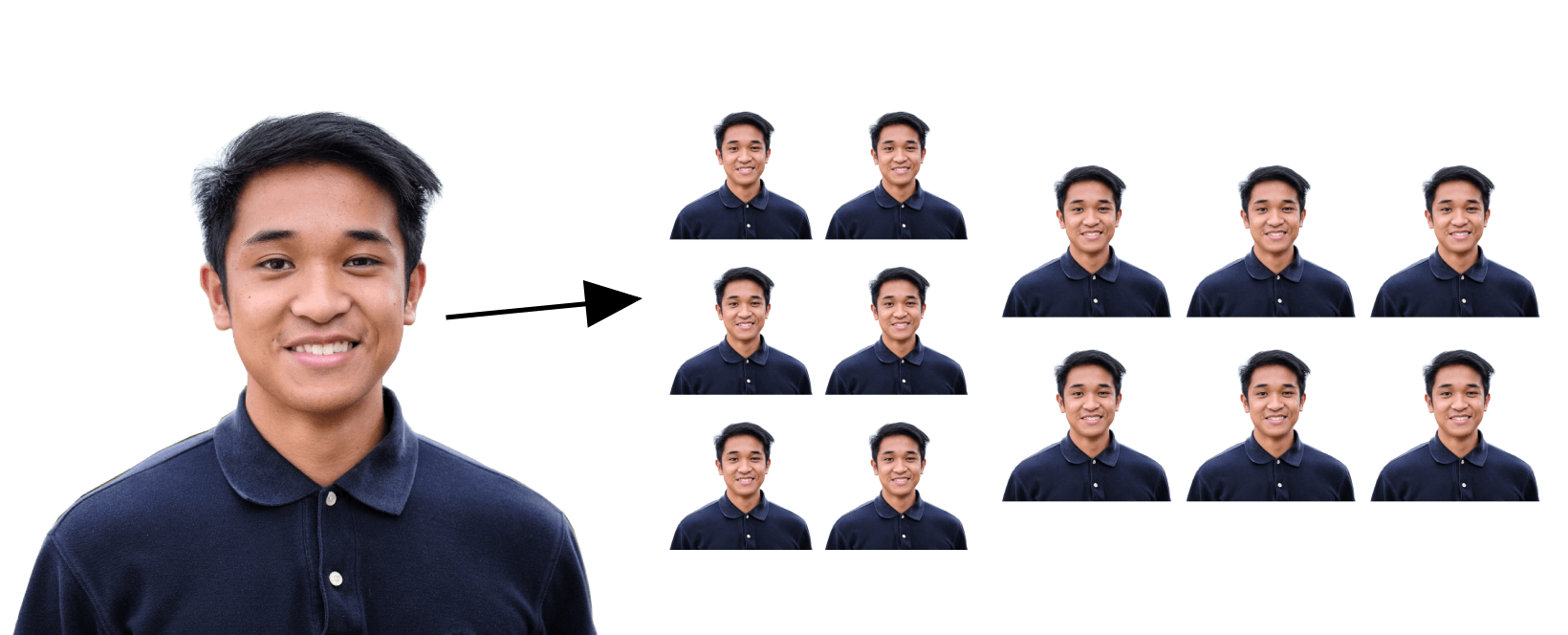Passport photo tool tiling one square portrait into a printable 4x6 sheet